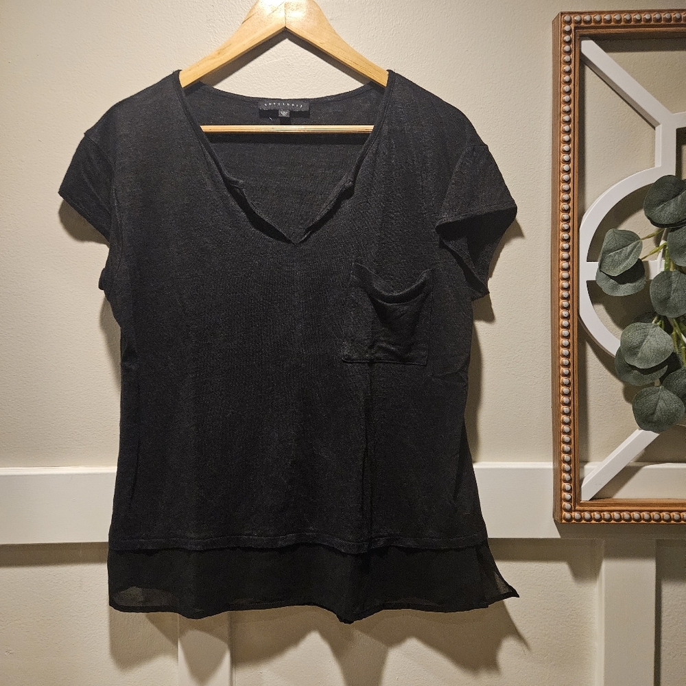 Sanctuary 100% Linen Black Cap Sleeve Front Pocket Loose Blouse Top Size Medium